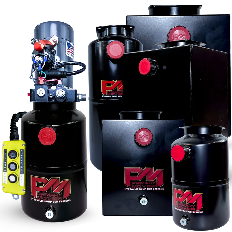 KTI 12V Double-Acting Hydraulic Pump with steel reservoir; features compact black containers with red buttons, ideal for hydraulic dump bed systems.