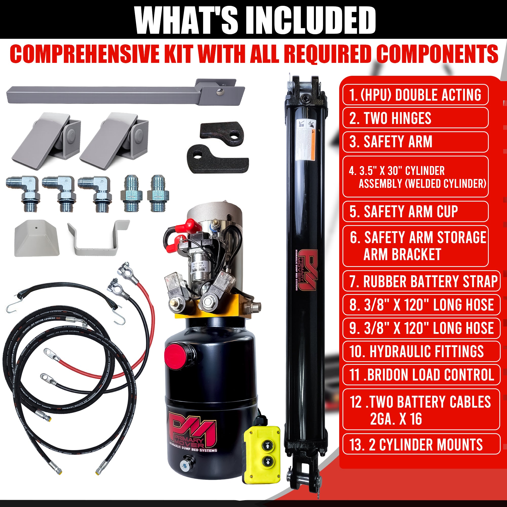 **Title:** Single 3.5 x 30 Cylinder Direct Push Lift Kit | PFK-3530-DP

**Meta Description:** Complete hydraulic dump-bed kit featuring a double-acting HPU, cylinder, hoses, and fittings for efficient trailer lifting, optimizing space with all components included.

**Alt Text:** Image of the Single 3.5 x 30 Cylinder Direct Push Lift Kit components, including hydraulic power unit, cylinder, hoses, fittings, and mounting hardware.