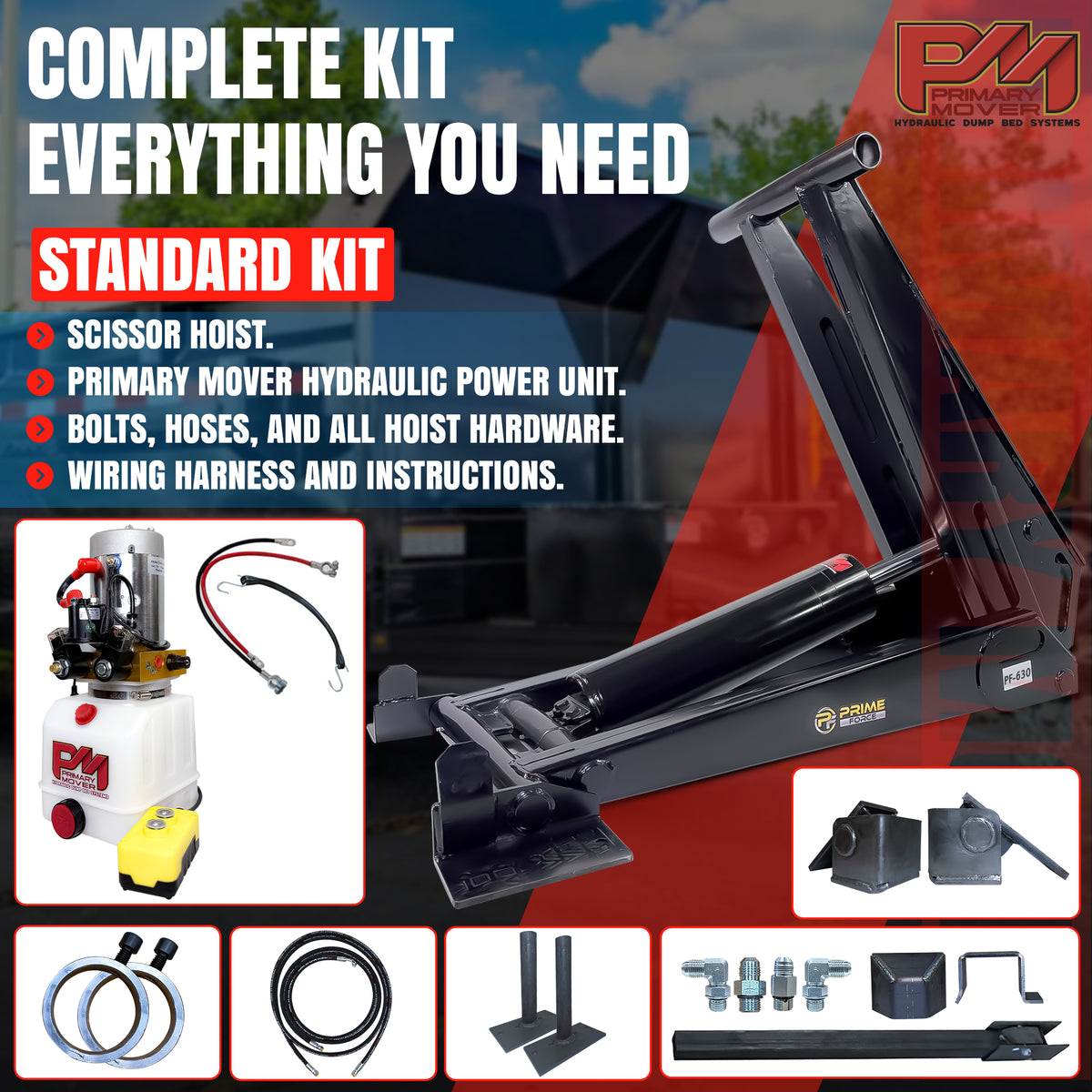 12 Ton HD Hydraulic Scissor Hoist Kit PF-625, featuring robust cylinder and reinforced frame, designed for 16-20' dump trailers, shown with safety labels and manual.