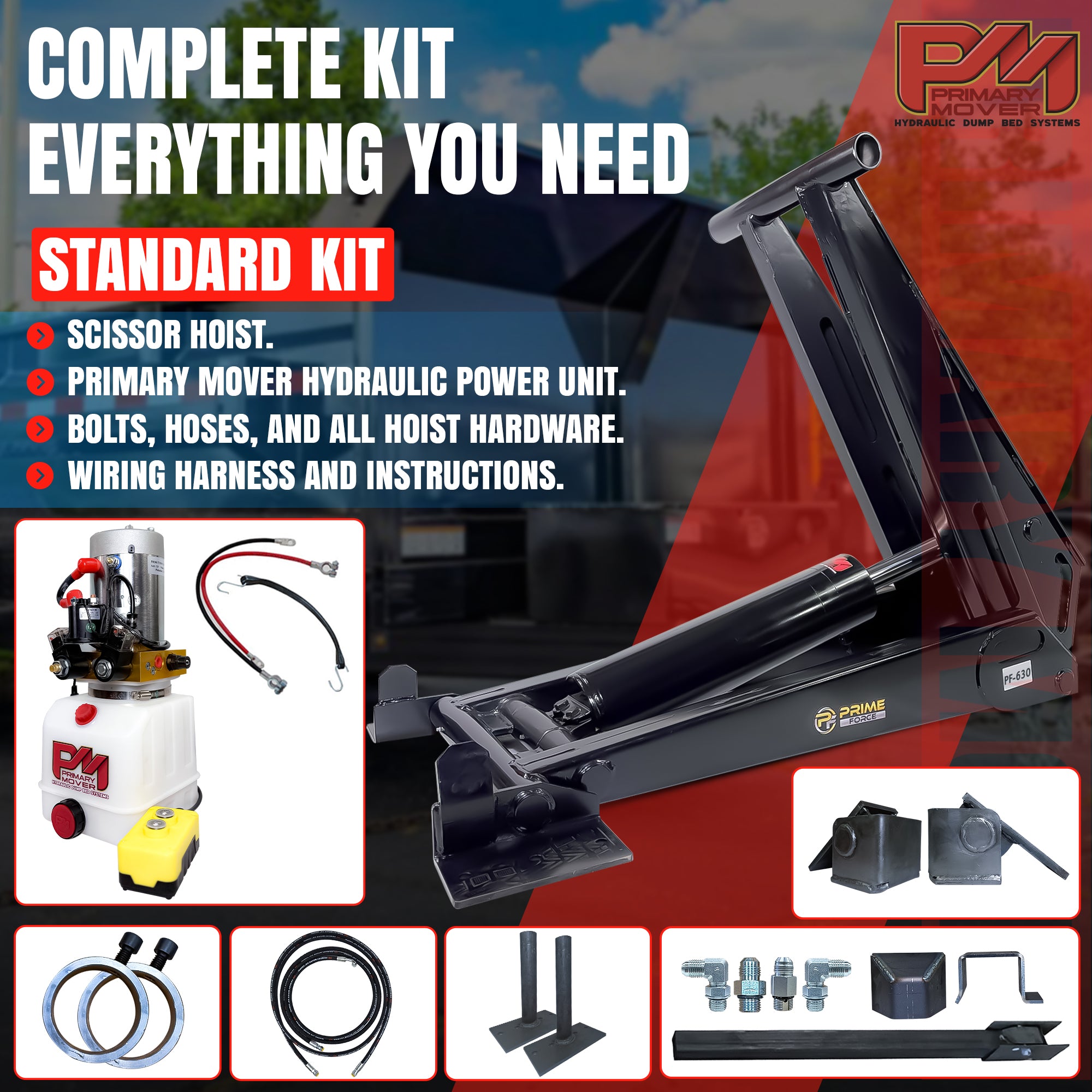 12 Ton HD Hydraulic Scissor Hoist Kit PF-625, featuring robust cylinder and reinforced frame, designed for 16-20' dump trailers, shown with safety labels and manual.