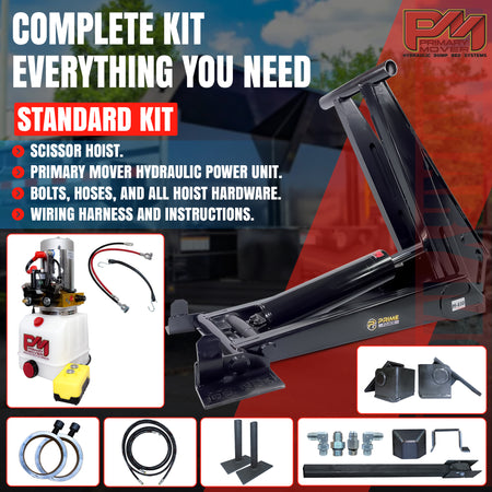 12 Ton HD Hydraulic Scissor Hoist Kit PF-625, featuring robust cylinder and reinforced frame, designed for 16-20' dump trailers, shown with safety labels and manual.