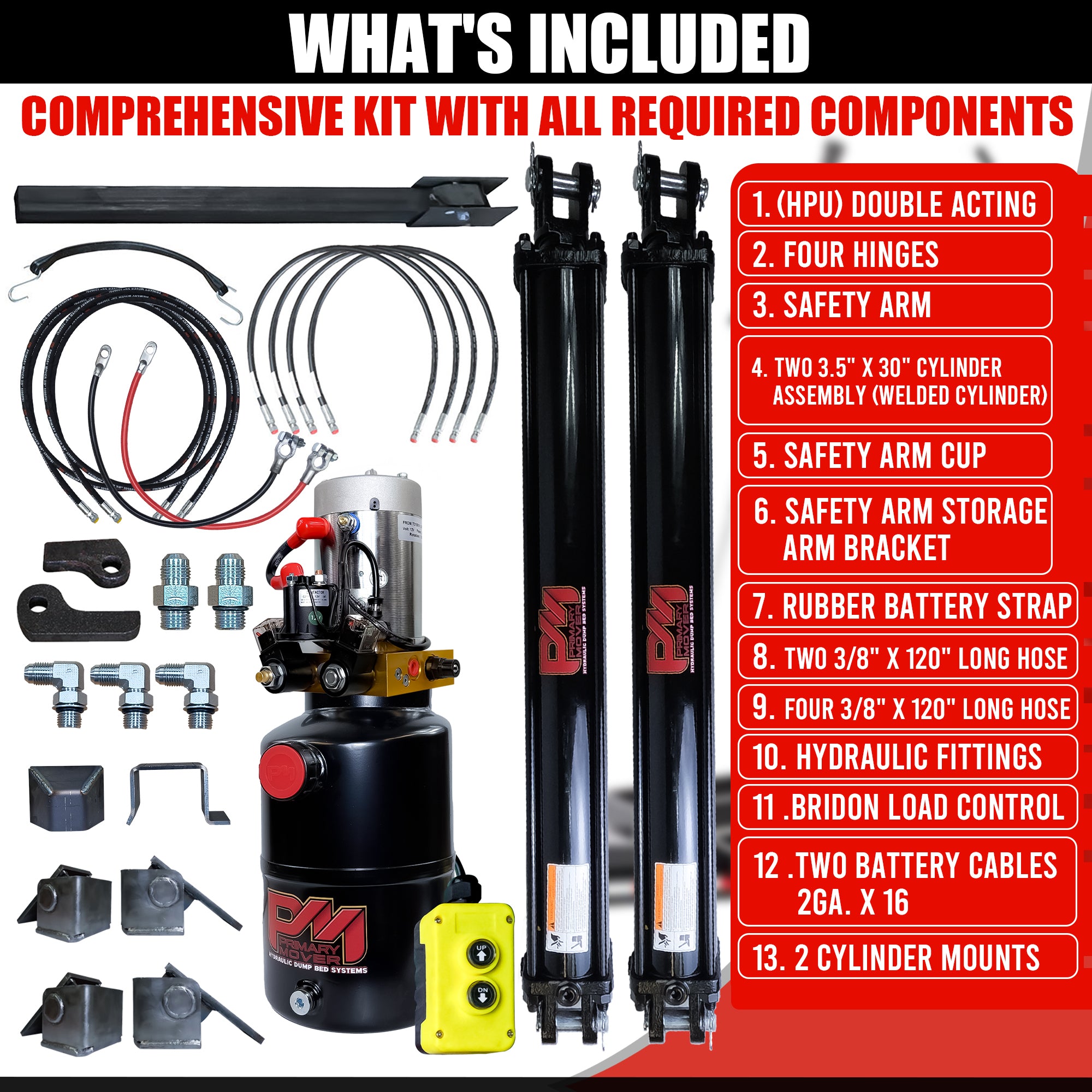 **Title:** Dual 3.5 x 30 Cylinders Direct Push Lift Kit | PFK-3530-DP2

**Alt Text:** Hydraulic dump-bed conversion kit with cylinders, power unit, hinges, safety arm, hoses, and fittings for trailer lift installation.

**Meta Description:** Discover our Dual 3.5 x 30 Cylinders Lift Kit for enhanced trailer lifting. Includes all components for easy installation. Perfect for 8' to 16' dump beds.