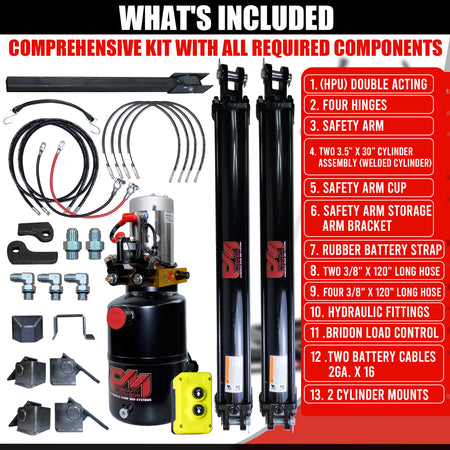 **Title:** Dual 3.5 x 30 Cylinders Direct Push Lift Kit | PFK-3530-DP2

**Alt Text:** Hydraulic dump-bed conversion kit with cylinders, power unit, hinges, safety arm, hoses, and fittings for trailer lift installation.

**Meta Description:** Discover our Dual 3.5 x 30 Cylinders Lift Kit for enhanced trailer lifting. Includes all components for easy installation. Perfect for 8' to 16' dump beds.