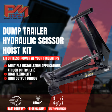 Hand holding a diamond with white text, promoting the 12 Ton Hydraulic Scissor Hoist Kit PF-621-6, ideal for 16-18' dump trailers, offering enhanced lift capacity and flexibility.