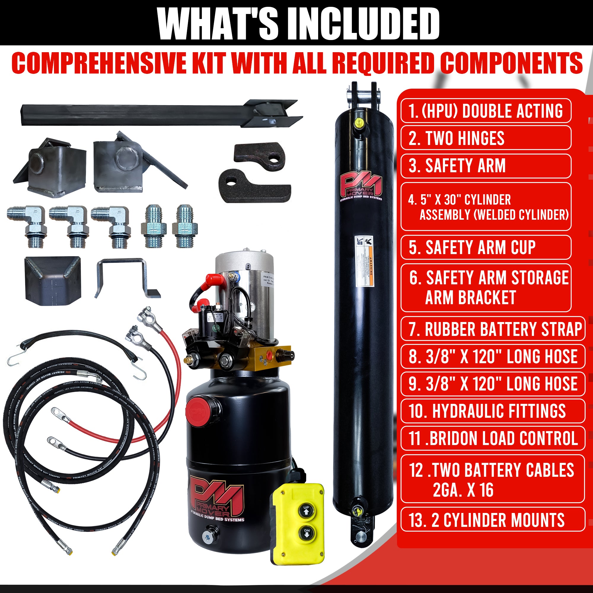 Single 5 x 30 Cylinder Direct Push Lift Kit | PFK-530-DP

Complete hydraulic dump-bed installation kit with power unit, cylinder, hoses, and brackets for efficient trailer lifting.