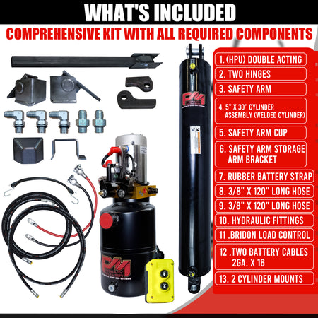 Single 5 x 30 Cylinder Direct Push Lift Kit | PFK-530-DP

Complete hydraulic dump-bed installation kit with power unit, cylinder, hoses, and brackets for efficient trailer lifting.