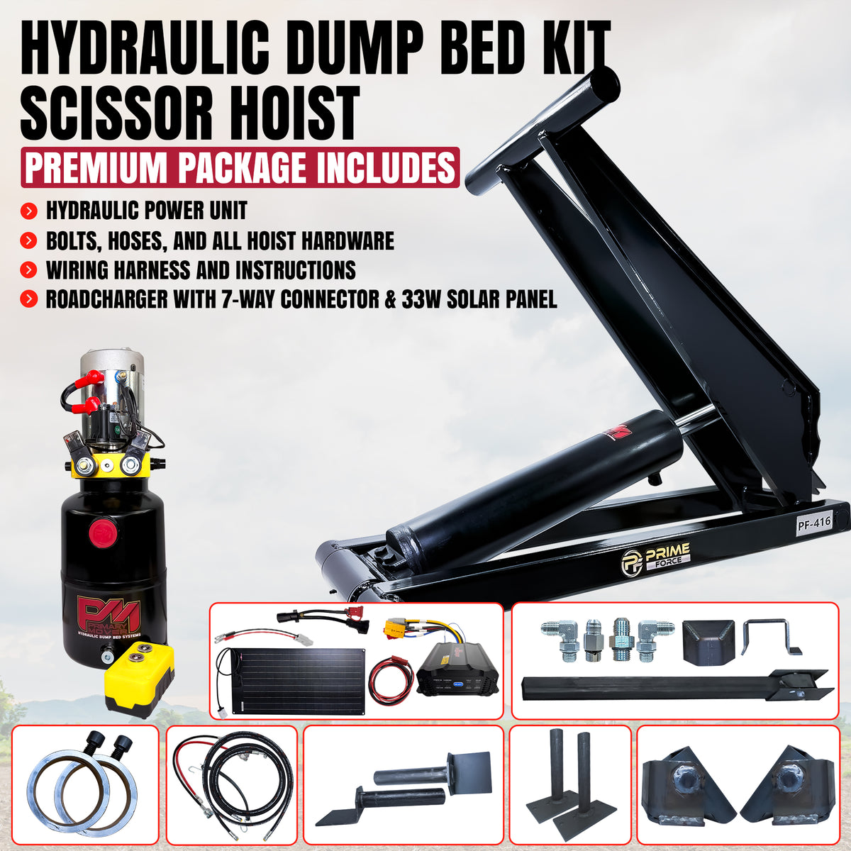 6 Ton Hydraulic Scissor Hoist Kit - Fits 10-14' Dump Body PF-416. Includes scissor-lift, power unit, control pendant, mounting hardware, solar panel, and wiring.