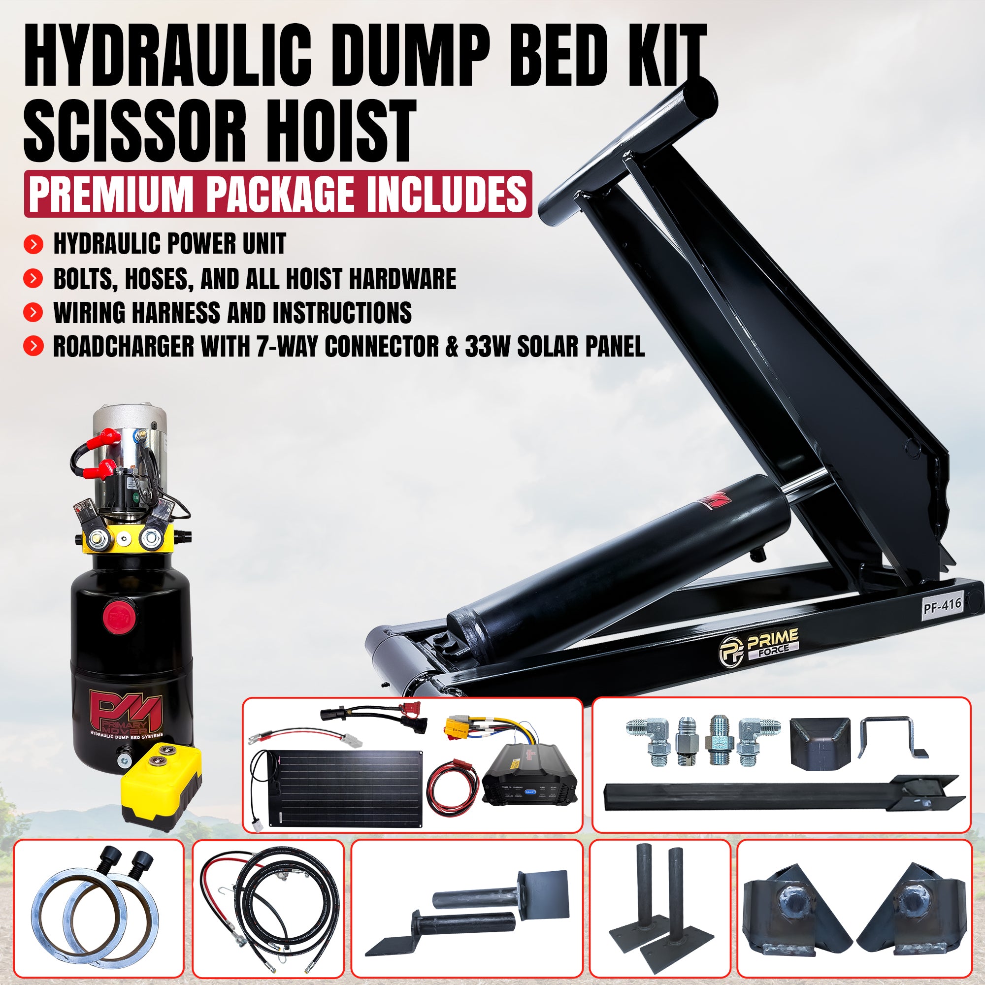6 Ton Hydraulic Scissor Hoist Kit - Fits 10-14' Dump Body PF-416. Includes scissor-lift, power unit, control pendant, mounting hardware, solar panel, and wiring.