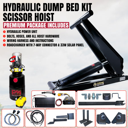 6 Ton Hydraulic Scissor Hoist Kit - Fits 10-14' Dump Body PF-416. Includes scissor-lift, power unit, control pendant, mounting hardware, solar panel, and wiring.
