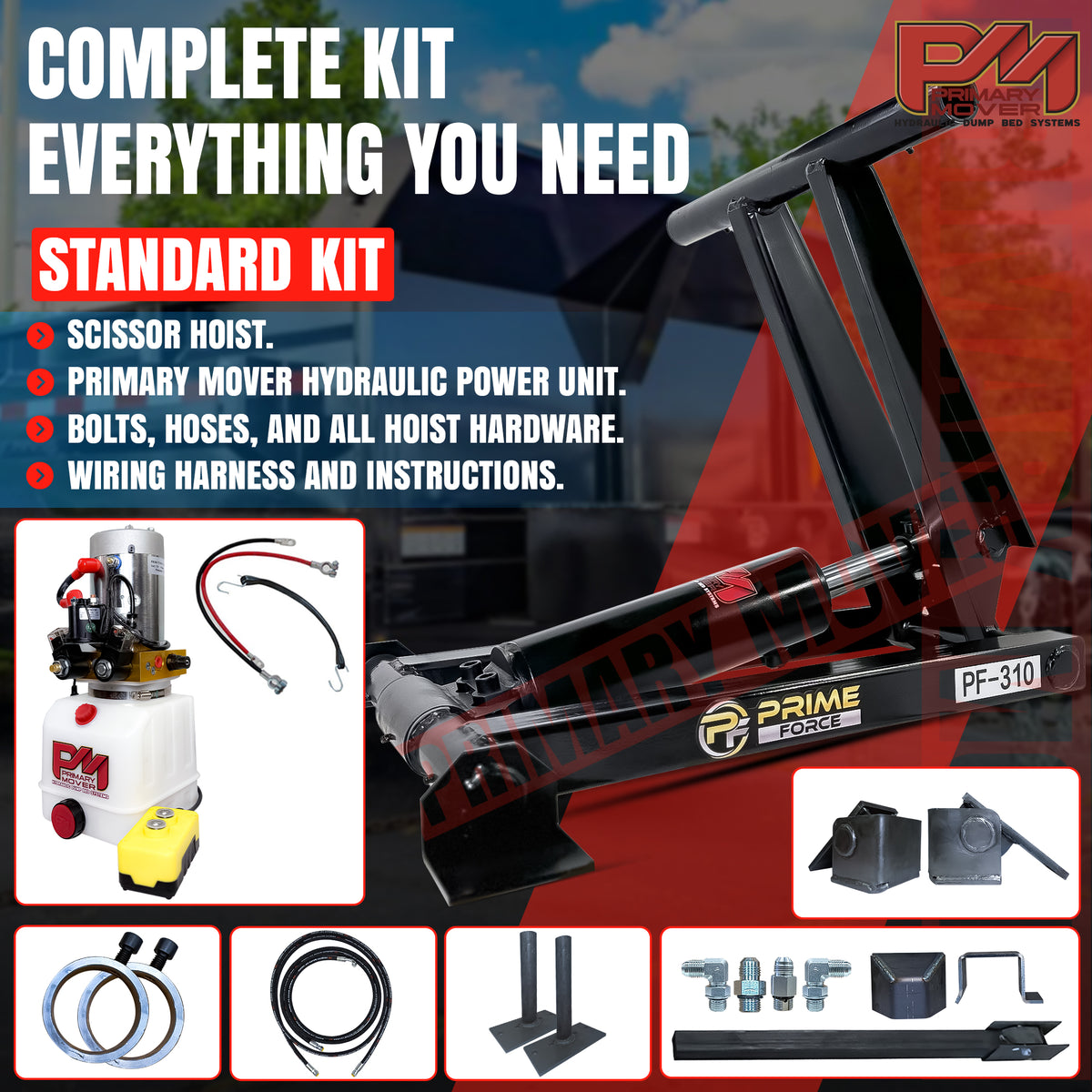 PF-310 3 Ton Hydraulic Scissor Hoist Kit, compact design, includes cylinder, mounting brackets, and hydraulic components, ideal for 8-10' dump body installations.