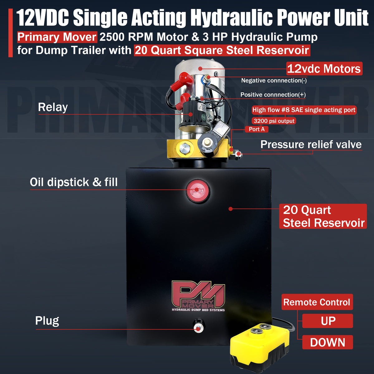 Primary Mover 12V Single-Acting Hydraulic Pump with steel reservoir, featuring red buttons and a compact design, ideal for robust hydraulic applications.