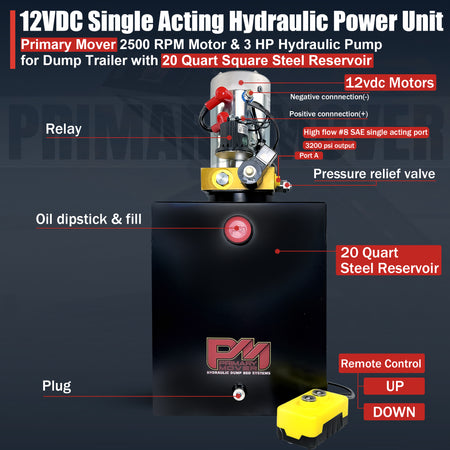 Primary Mover 12V Single-Acting Hydraulic Pump with steel reservoir, featuring red buttons and a compact design, ideal for robust hydraulic applications.