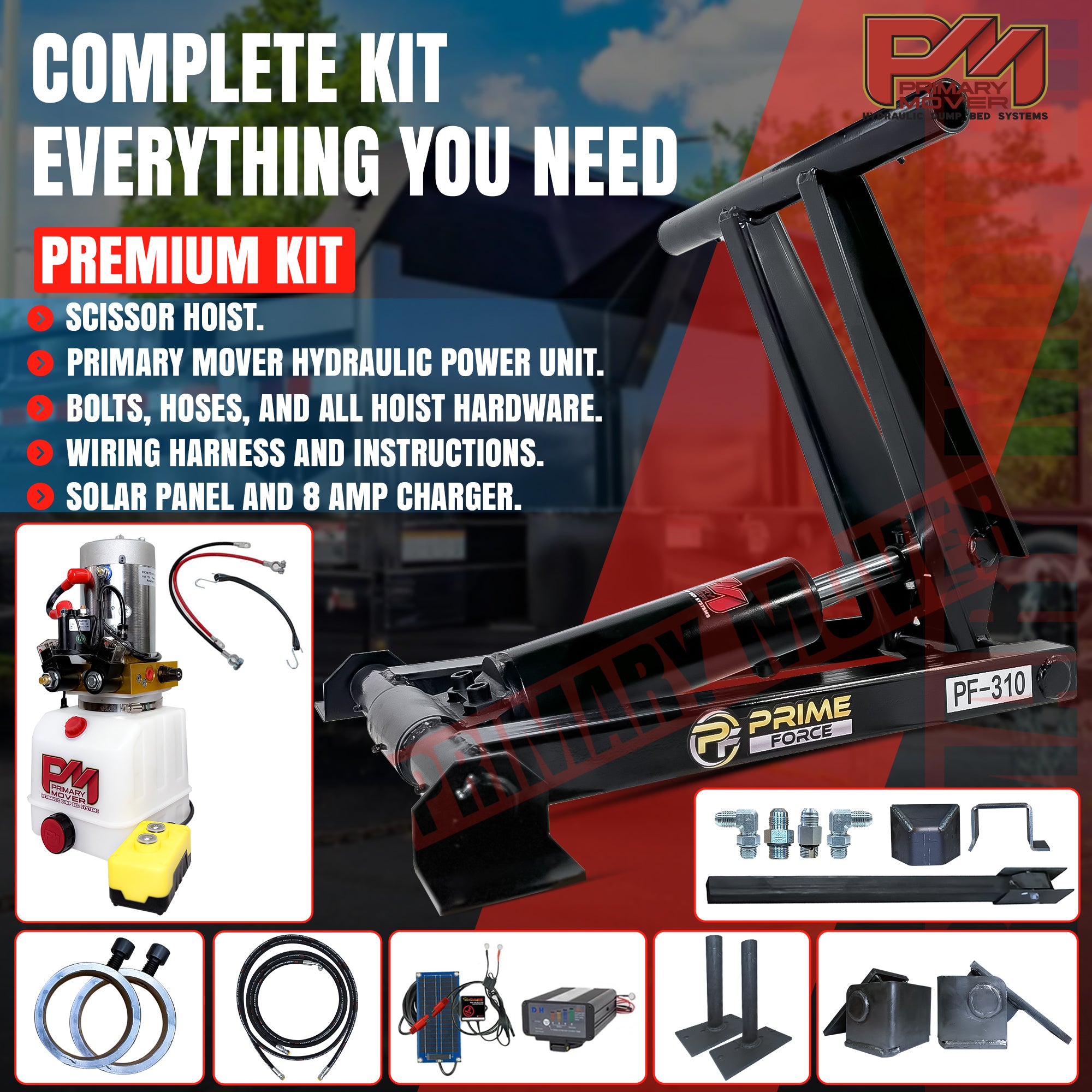 3 Ton Hydraulic Scissor Hoist Kit - PF-310, featuring a robust 3.5 cylinder, compact design, and essential components like a hydraulic pump and remote.