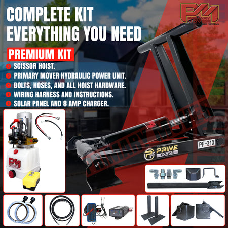 3 Ton Hydraulic Scissor Hoist Kit - PF-310, featuring a robust 3.5 cylinder, compact design, and essential components like a hydraulic pump and remote.