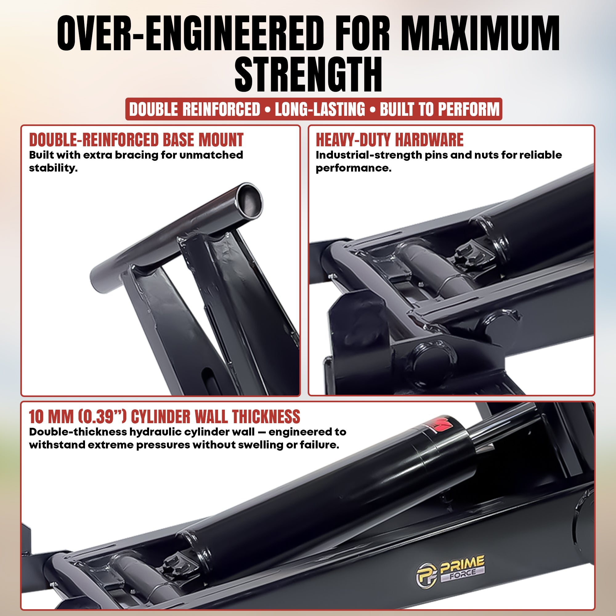 Hydraulic scissor jack infographic highlights reinforced base, heavy-duty hardware, and thick cylinder wall. Features Over-Engineered for Maximum Strength. Ideal for 16-20' dump trailers.