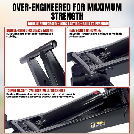 Hydraulic scissor jack infographic highlights reinforced base, heavy-duty hardware, and thick cylinder wall. Features Over-Engineered for Maximum Strength. Ideal for 16-20' dump trailers.