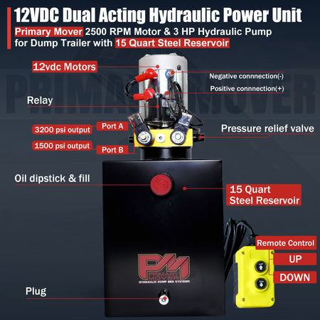 Primary Mover 12V Double-Acting Hydraulic Pump with steel reservoir, featuring red buttons and a black machine design, ideal for hydraulic dump bed systems.