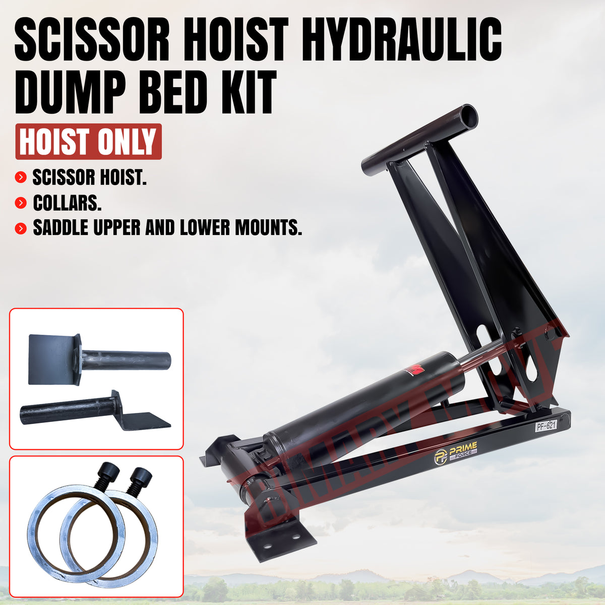 12 Ton Hydraulic Scissor Hoist Kit - Fits 16-18' Dump Body

Scissor-style hydraulic hoist kit with main assembly, collars, and mounting brackets. Designed for 16-18' dump trailers, offering 12-ton capacity.