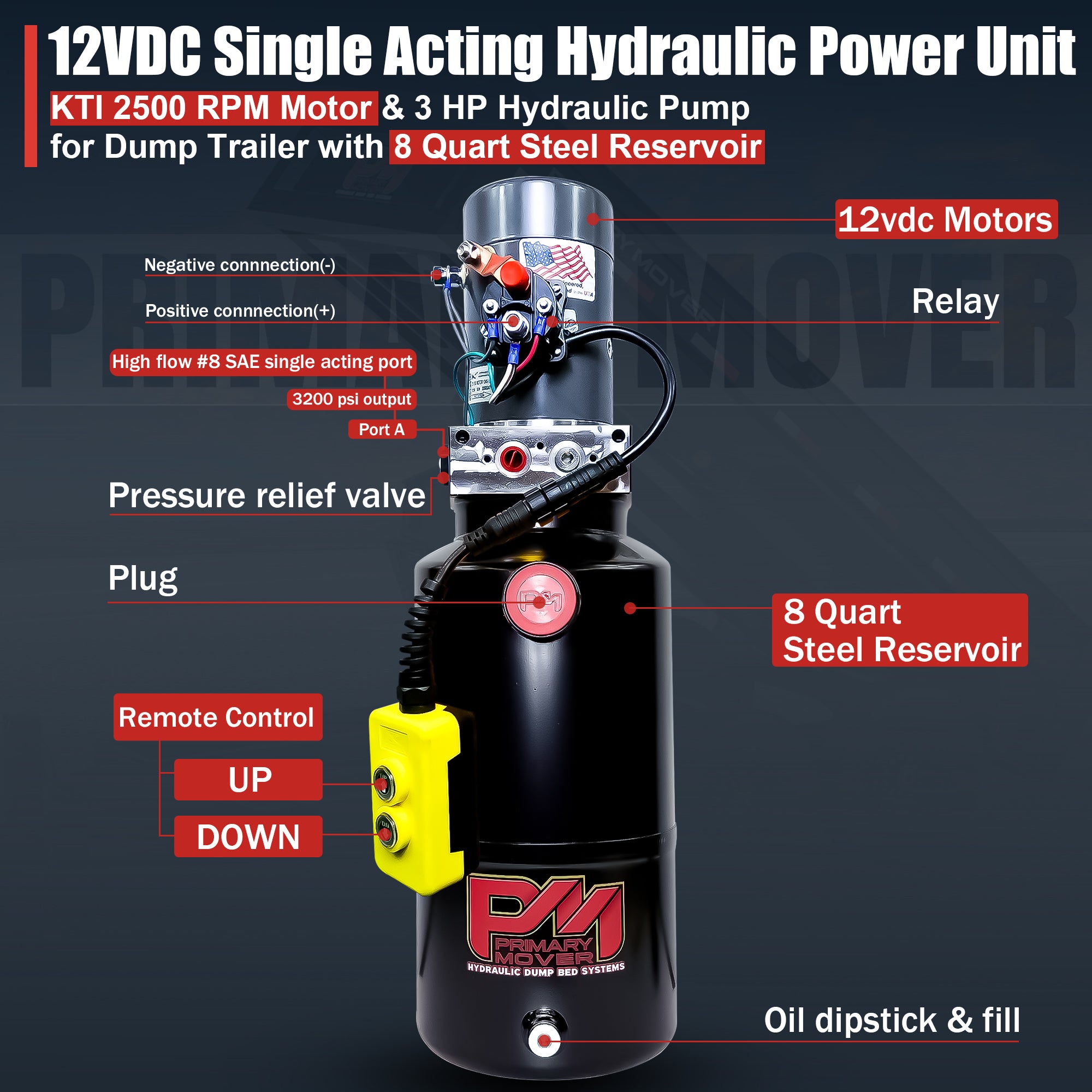 KTI 12V Single-Acting Hydraulic Pump - Steel Reservoir for efficient dump bed systems, featuring a compact design and durable construction, optimized for industrial use.