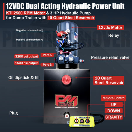 KTI 12V Double-Acting Hydraulic Pump - Steel Reservoir, shown close-up, highlighting its compact design and durable construction for efficient hydraulic dump bed operation.