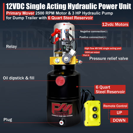 Primary Mover 12V Single-Acting Hydraulic Pump - Steel Reservoir, featuring red buttons and black components, designed for durable hydraulic applications like dump trailers and liftgates.