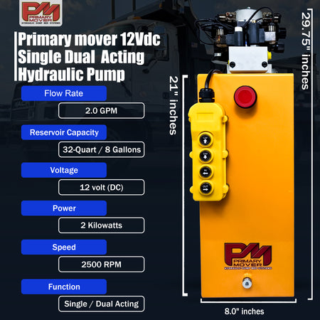 Primary Mover 12Vdc Single Double Pump featuring a yellow control panel with buttons, designed for efficient hydraulic power in telescopic dump trailers and jacks.