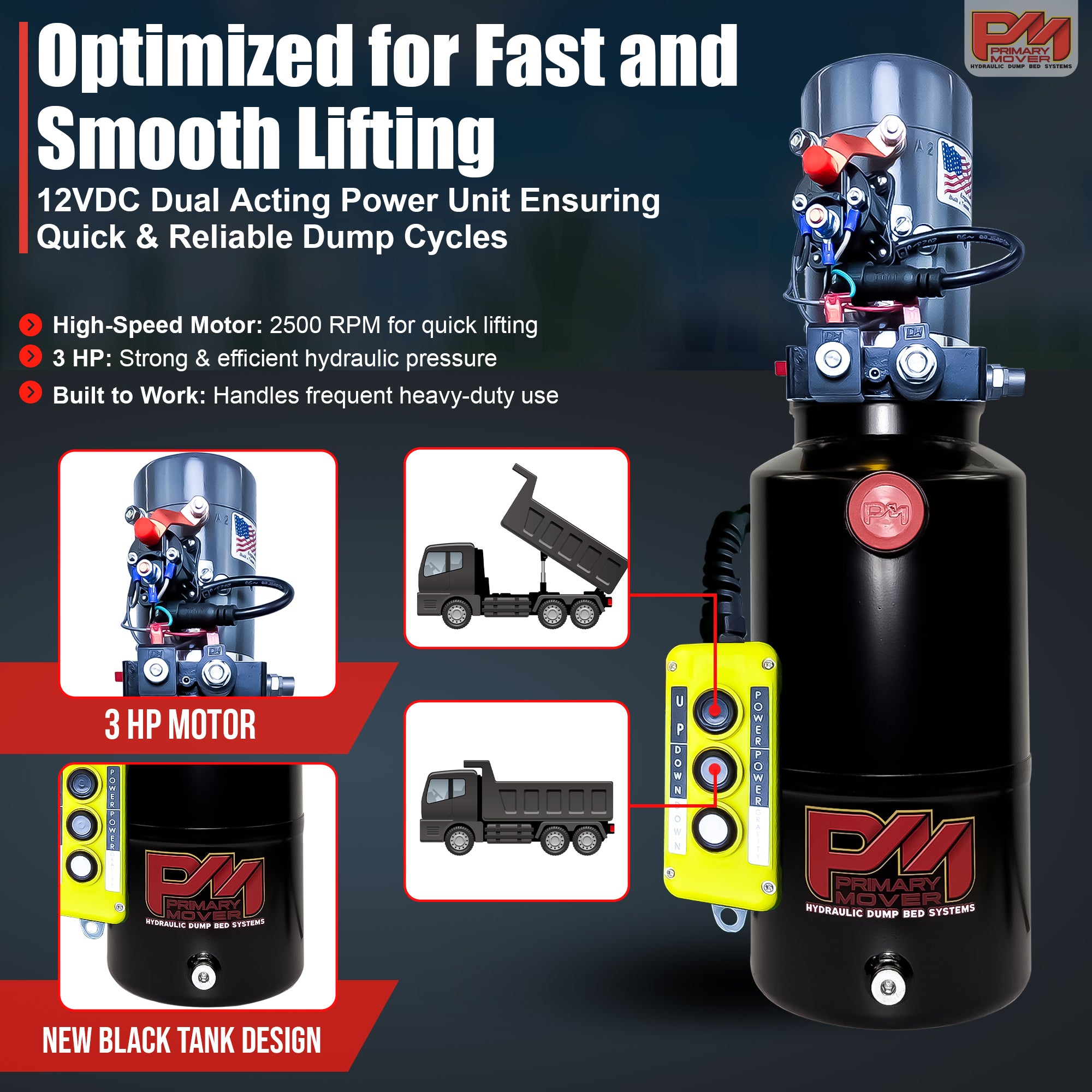 KTI 12V Double-Acting Hydraulic Pump with Steel Reservoir, featuring a black cylinder for dual-action power in hydraulic systems, ideal for heavy-duty lifting.