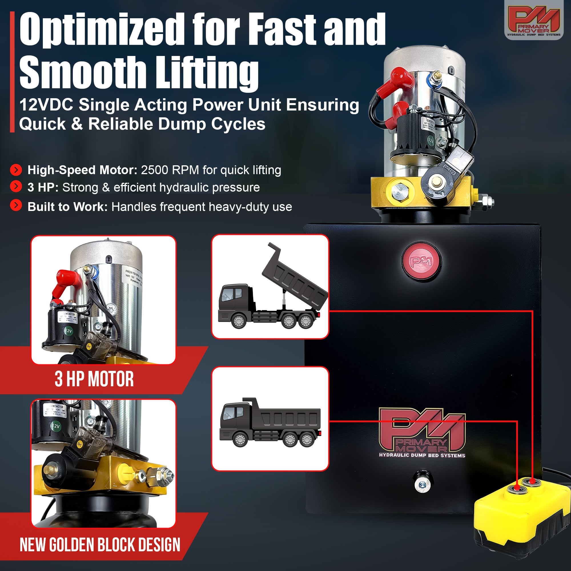 Primary Mover 12V Hydraulic Pump - Steel Reservoir, featuring a detailed view of its components, including a black dump truck and battery, emphasizing its robust design for heavy-duty use.
