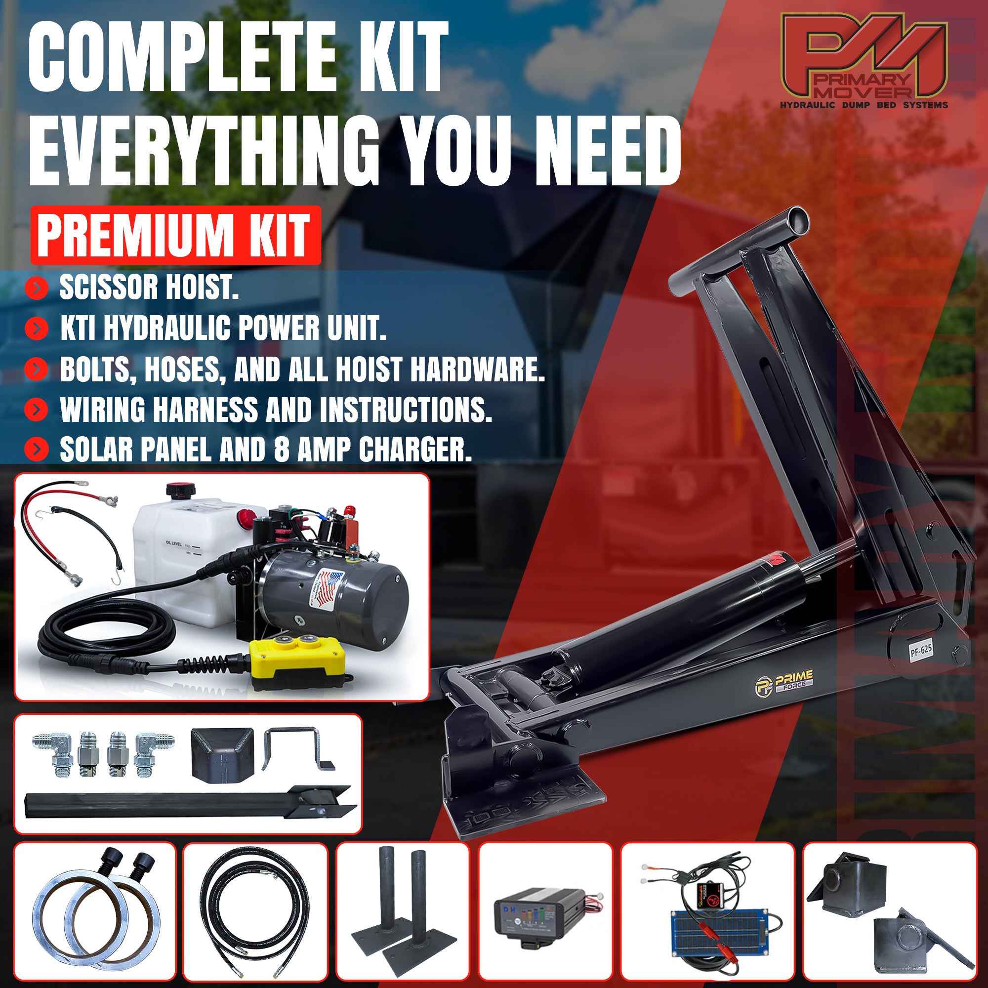 12 Ton HD Hydraulic Scissor Hoist Kit PF-625 for 16-20' dump trailers, featuring a robust 6.5 cylinder, strengthened frame, and HD hinges for extreme lifting.