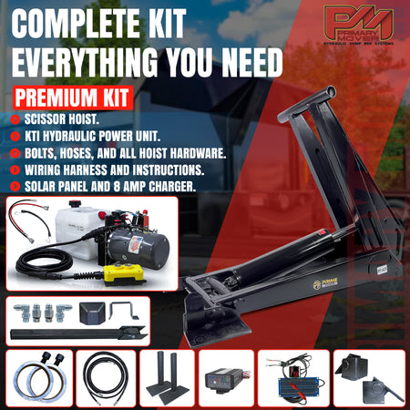 12 Ton HD Hydraulic Scissor Hoist Kit PF-625 for 16-20' dump trailers, featuring a robust 6.5 cylinder, strengthened frame, and HD hinges for extreme lifting.