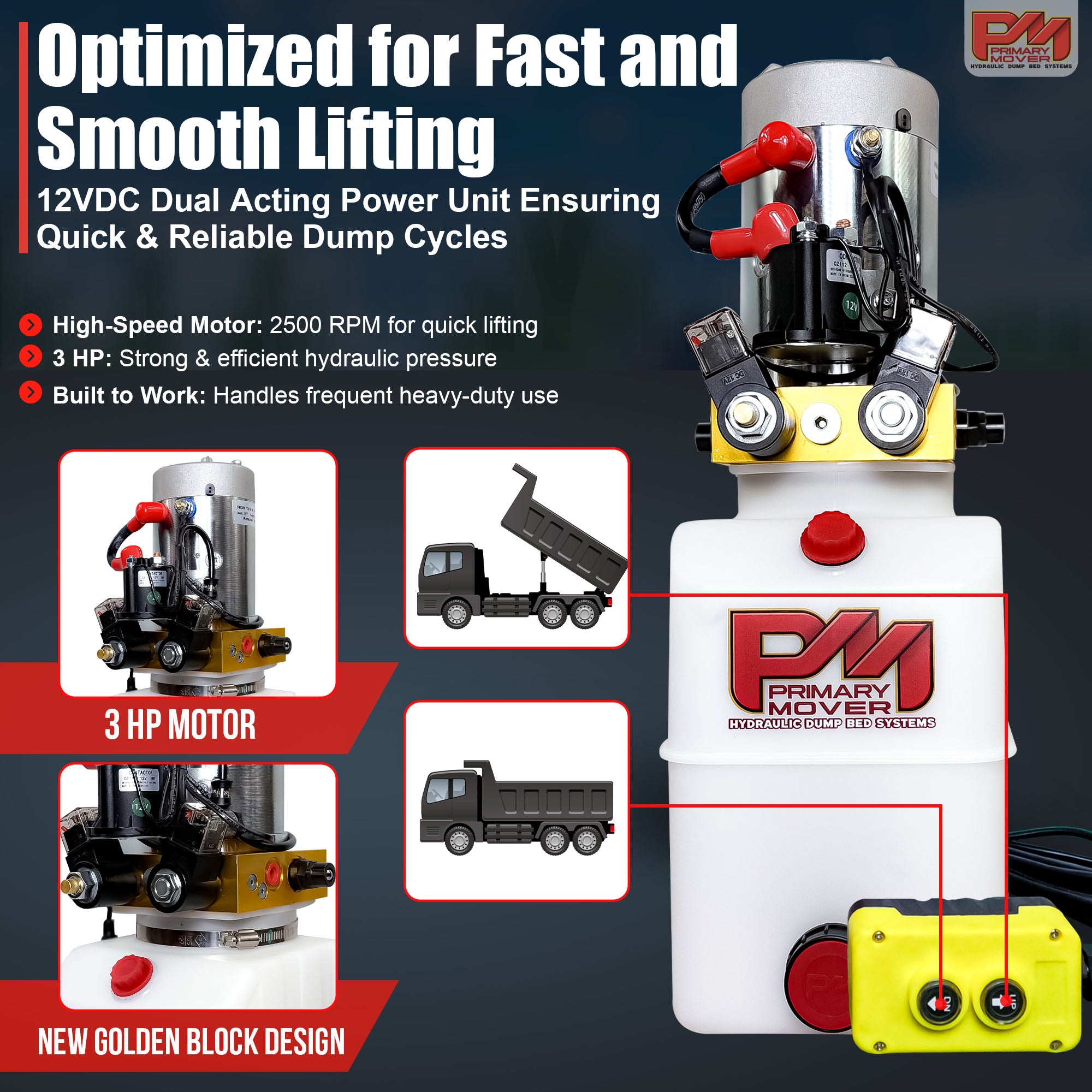 Primary Mover 12V Double-Acting Hydraulic Pump with Poly Reservoir, featuring dual-acting precision and tailored for dump bed systems, ensuring efficient load handling.
