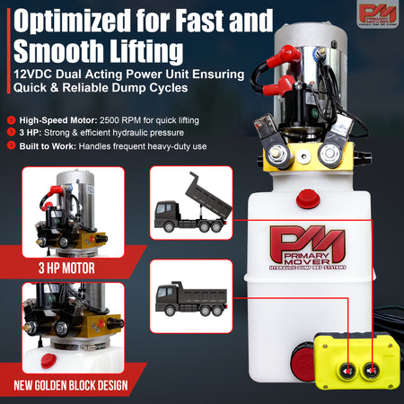 Primary Mover 12V Double-Acting Hydraulic Pump with Poly Reservoir, featuring dual-acting precision and tailored for dump bed systems, ensuring efficient load handling.