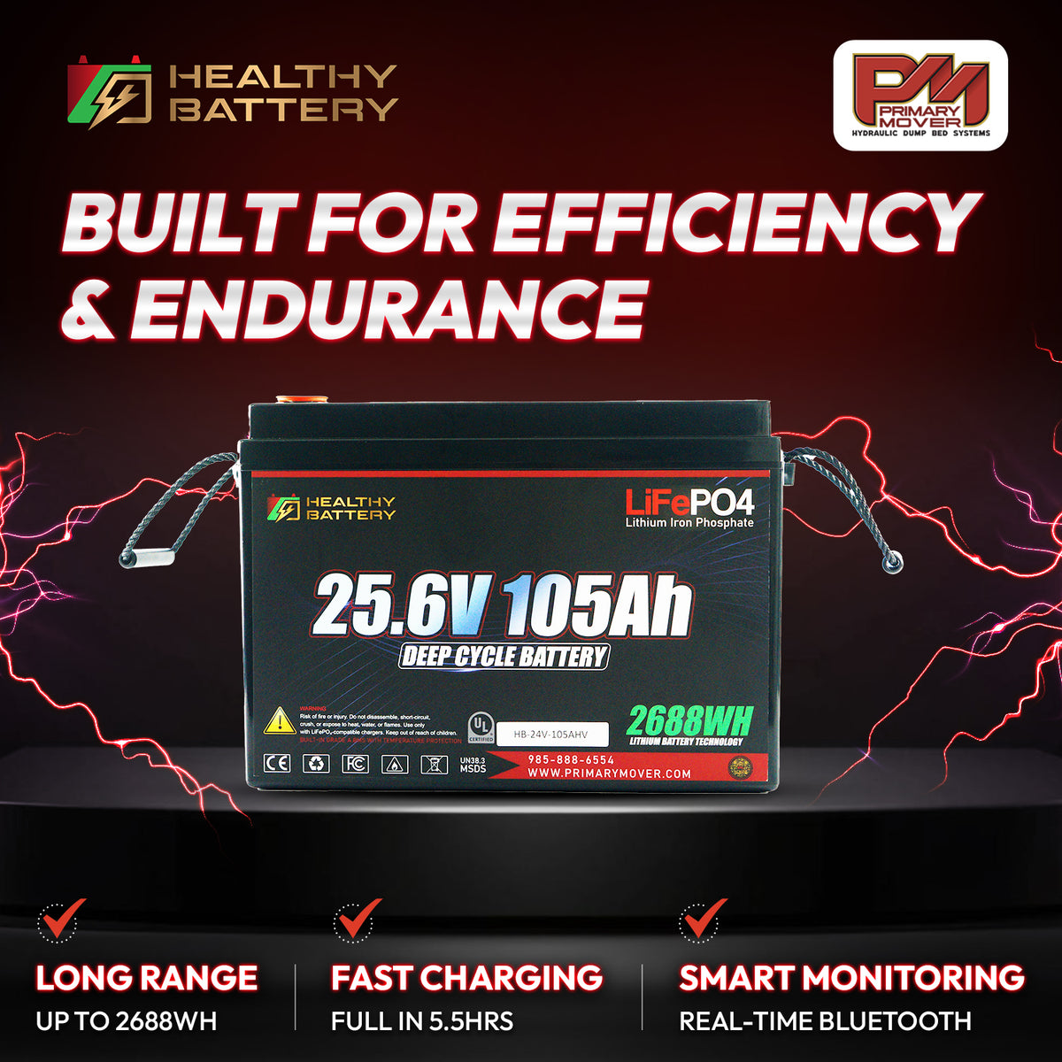 **Title:** Healthy Battery 25.6V 105Ah LiFePO4 Deep Cycle Battery

**Alt Text:** Healthy Battery 25.6V 105Ah LiFePO4 battery with 2688Wh, featuring fast charging, Bluetooth monitoring, and efficiency-focused BMS for heavy-duty applications.

**Meta Description:** Discover the Healthy Battery 25.6V 105Ah LiFePO4, designed for efficiency and endurance with 2688Wh capacity, fast charging, and Bluetooth monitoring. Ideal for high-demand applications.