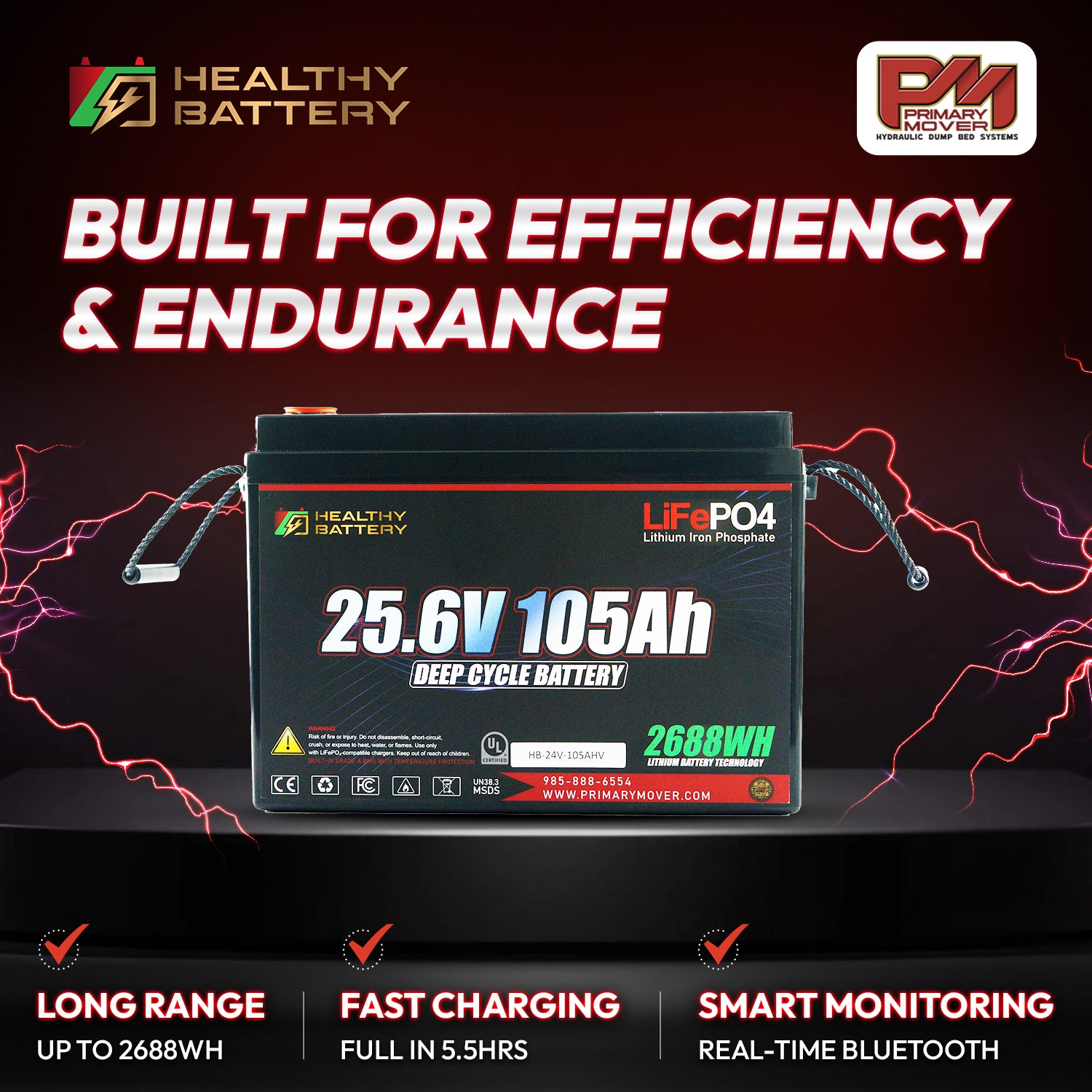 **Title:** Healthy Battery 25.6V 105Ah LiFePO4 Deep Cycle Battery

**Alt Text:** Healthy Battery 25.6V 105Ah LiFePO4 battery with 2688Wh, featuring fast charging, Bluetooth monitoring, and efficiency-focused BMS for heavy-duty applications.

**Meta Description:** Discover the Healthy Battery 25.6V 105Ah LiFePO4, designed for efficiency and endurance with 2688Wh capacity, fast charging, and Bluetooth monitoring. Ideal for high-demand applications.