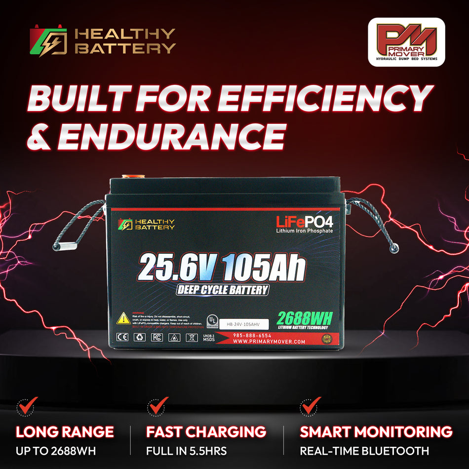 **Title:** Healthy Battery 25.6V 105Ah LiFePO4 Deep Cycle Battery

**Alt Text:** Healthy Battery 25.6V 105Ah LiFePO4 battery with 2688Wh, featuring fast charging, Bluetooth monitoring, and efficiency-focused BMS for heavy-duty applications.

**Meta Description:** Discover the Healthy Battery 25.6V 105Ah LiFePO4, designed for efficiency and endurance with 2688Wh capacity, fast charging, and Bluetooth monitoring. Ideal for high-demand applications.