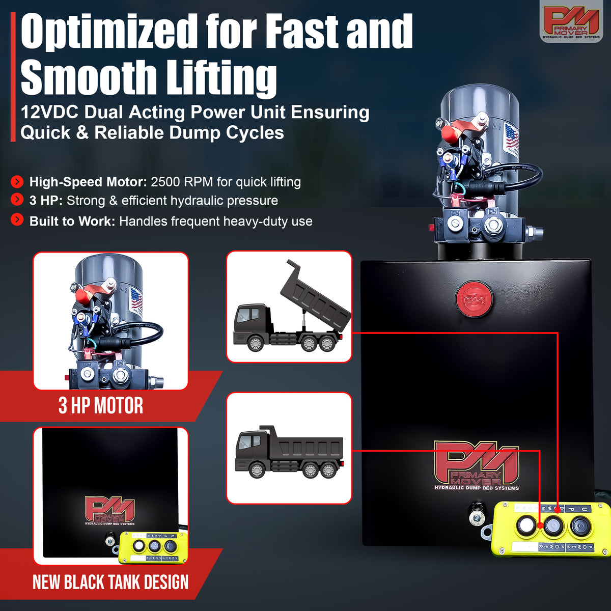 KTI 12V Double-Acting Hydraulic Pump with Steel Reservoir, shown close-up. Ideal for hydraulic dump systems, featuring robust dual-action performance and durable construction.
