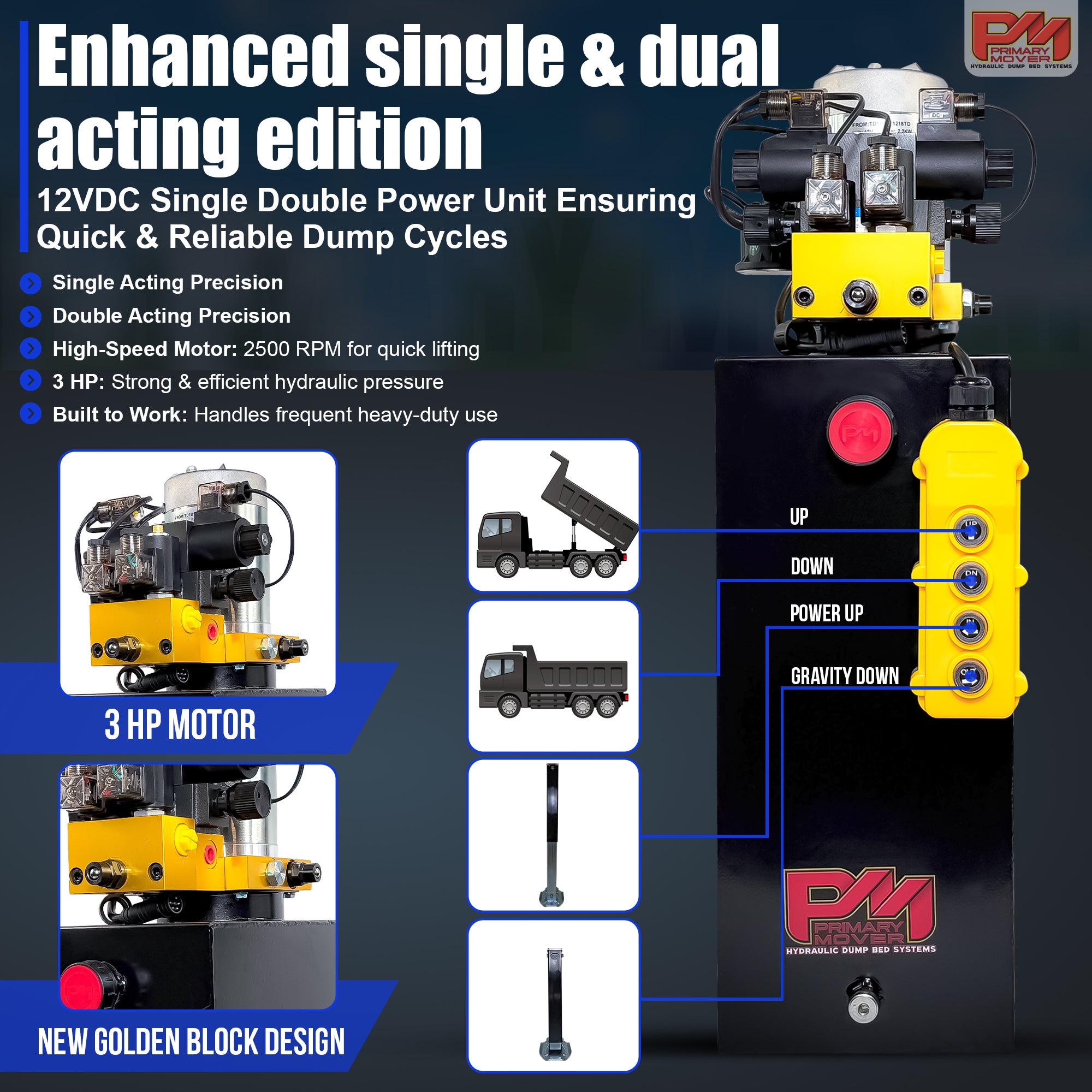 Primary Mover 12Vdc Single Double Pump, depicted with a machine close-up, includes hydraulic power features for telescopic dump trailers and auxiliary functions.