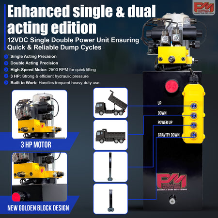 Primary Mover 12Vdc Single Double Pump, depicted with a machine close-up, includes hydraulic power features for telescopic dump trailers and auxiliary functions.
