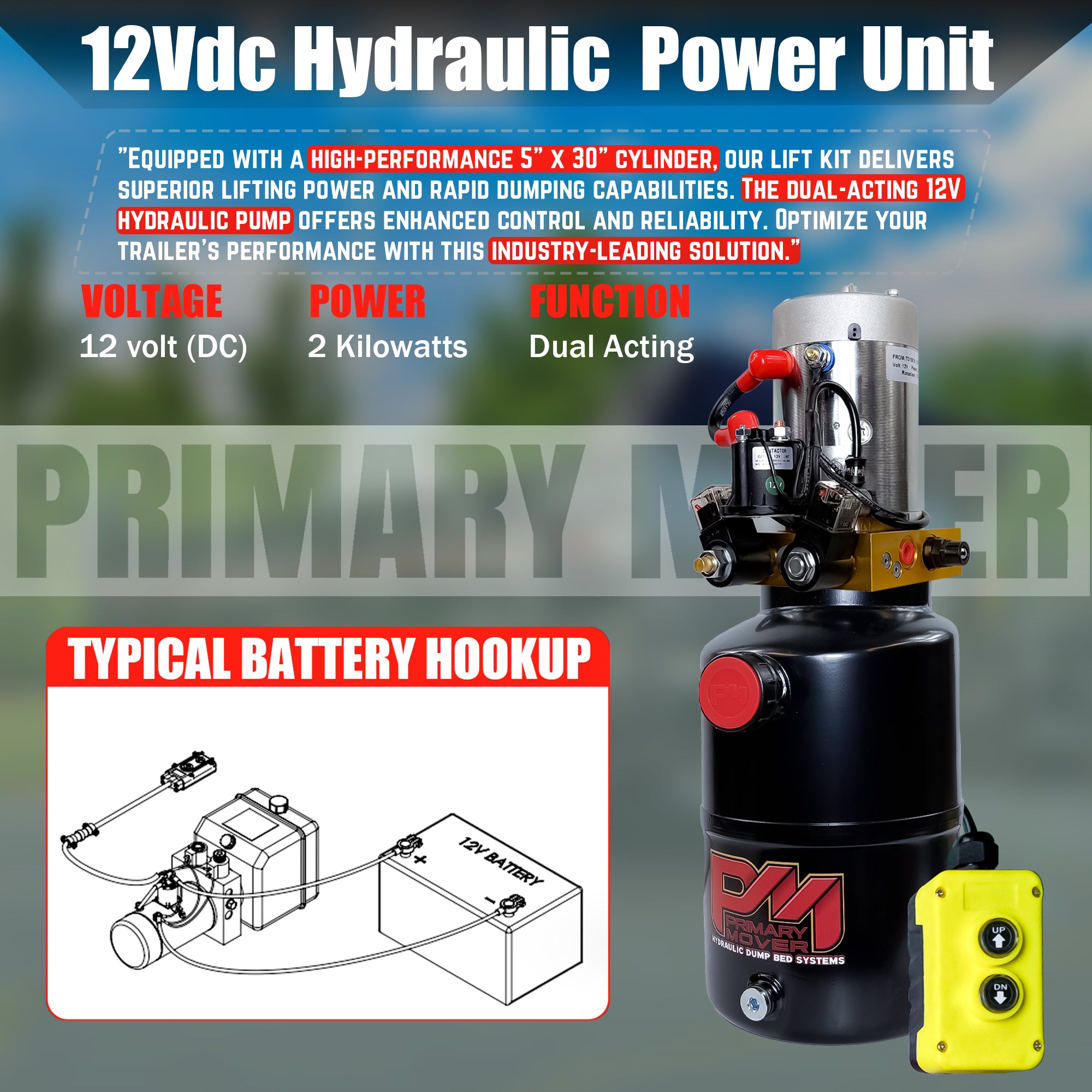 **Title:** Single 5 x 30 Cylinder Direct Push Lift Kit | PFK-530-DP

**Alt Text:** Hydraulic power unit with a 5x30 cylinder, remote, and wiring diagram.

**Meta Description:** Enhance your trailer with the Single 5 x 30 Cylinder Direct Push Lift Kit, featuring a dual-acting hydraulic pump for efficient lifting. Ideal for 10' to 16' beds.