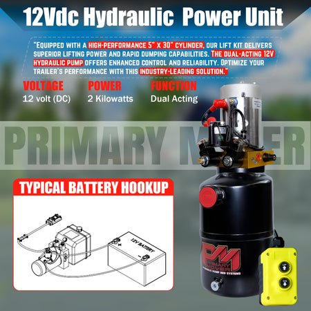 **Title:** Single 5 x 30 Cylinder Direct Push Lift Kit | PFK-530-DP

**Alt Text:** Hydraulic power unit with a 5x30 cylinder, remote, and wiring diagram.

**Meta Description:** Enhance your trailer with the Single 5 x 30 Cylinder Direct Push Lift Kit, featuring a dual-acting hydraulic pump for efficient lifting. Ideal for 10' to 16' beds.
