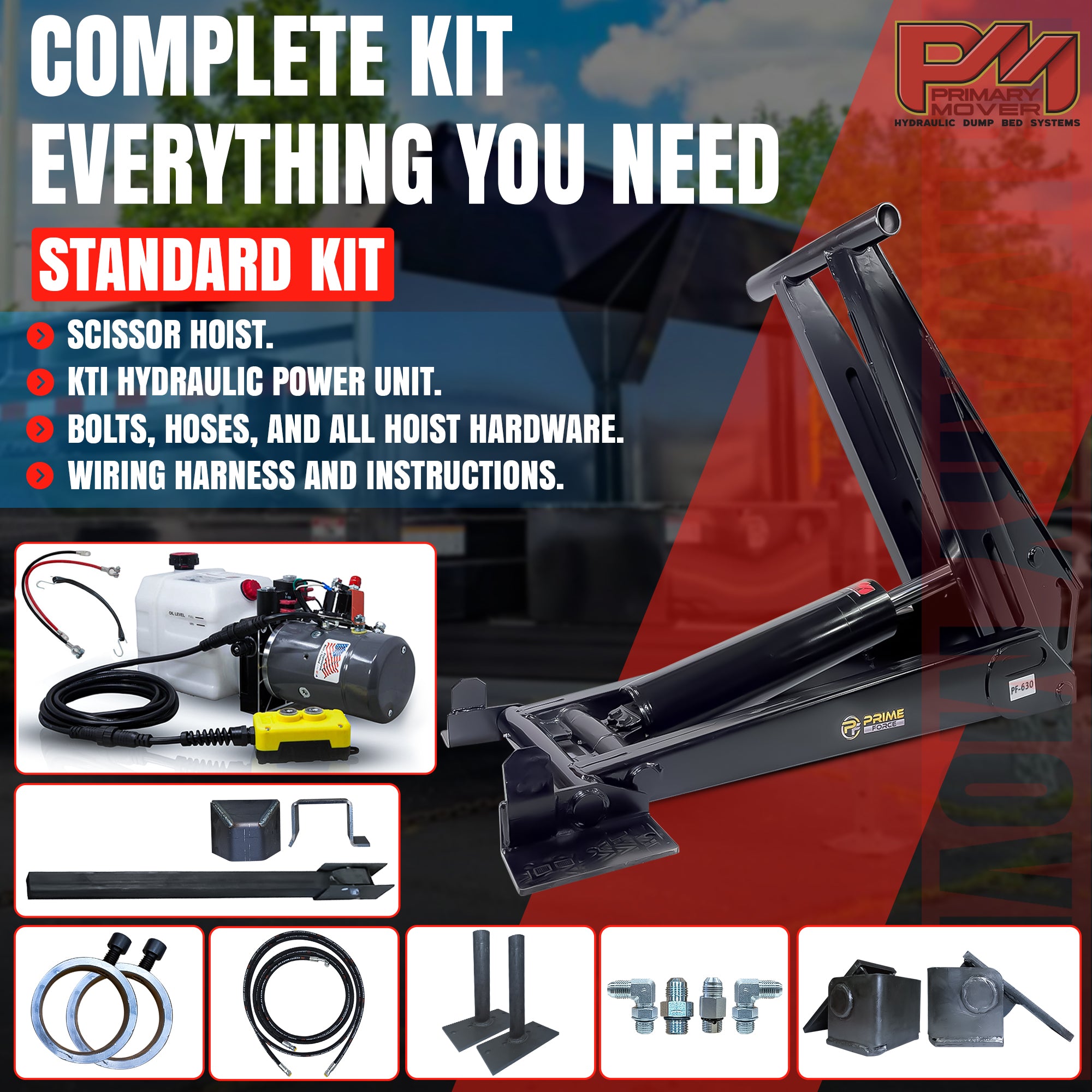12 Ton HD Hydraulic Scissor Hoist Kit, PF-625, featuring a robust 6.5 cylinder and reinforced frame, designed for 16-20' dump trailers.