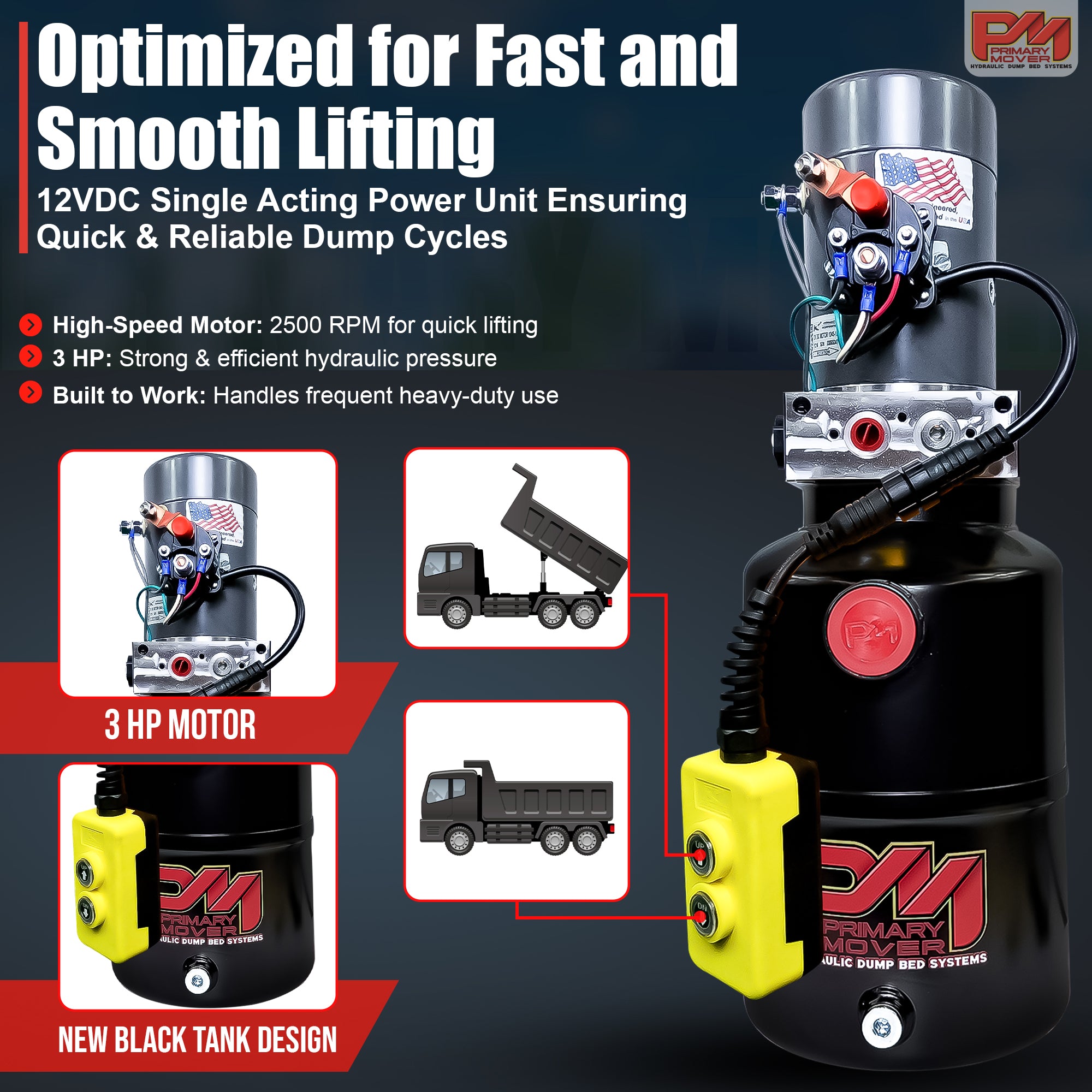 KTI 12V Single-Acting Hydraulic Pump with steel reservoir, featuring a compact design, yellow switch, and red button for efficient dump bed operations.