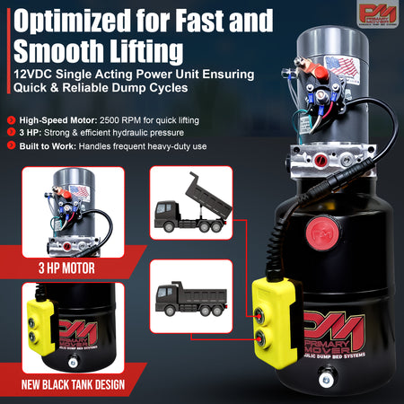 KTI 12V Single-Acting Hydraulic Pump with steel reservoir, featuring a compact design, yellow switch, and red button for efficient dump bed operations.