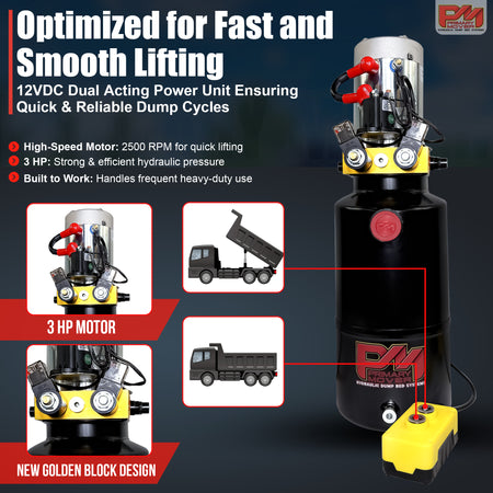 Primary Mover 12V Double-Acting Hydraulic Pump with steel reservoir, featuring dual-acting precision and tailored design for efficient hydraulic dump bed systems operation.