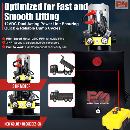 Primary Mover 12V Double-Acting Hydraulic Pump with steel reservoir, featuring a red button and yellow cylinder, designed for efficient dump bed system applications.