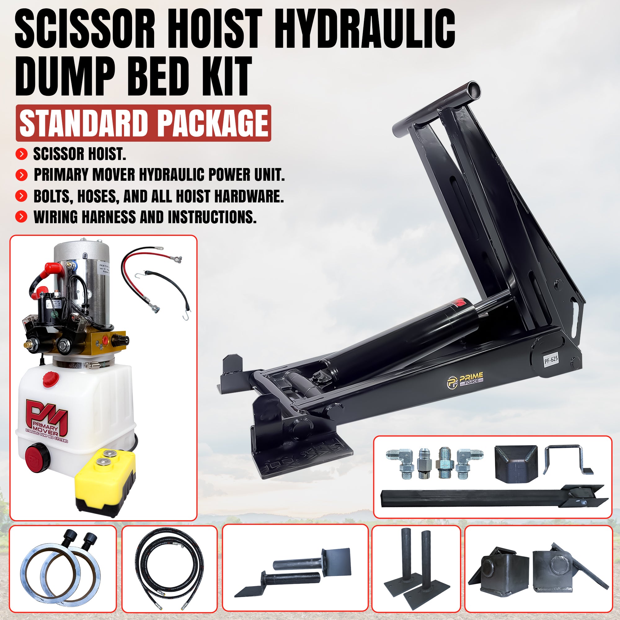 12 Ton HD Hydraulic Scissor Hoist Kit - Fits 16-20' Dump Body PF-625. Exploded view showcasing hoist assembly, hydraulic unit, remote, hoses, fittings, and mounting hardware for retrofit or replacement.