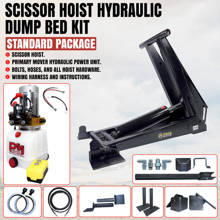 12 Ton HD Hydraulic Scissor Hoist Kit - Fits 16-20' Dump Body PF-625. Exploded view showcasing hoist assembly, hydraulic unit, remote, hoses, fittings, and mounting hardware for retrofit or replacement.
