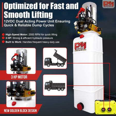 Primary Mover 12V Double-Acting Hydraulic Pump with poly reservoir, optimized for dump beds, featuring dual-acting precision and quality craftsmanship. Includes visible logo and control buttons.