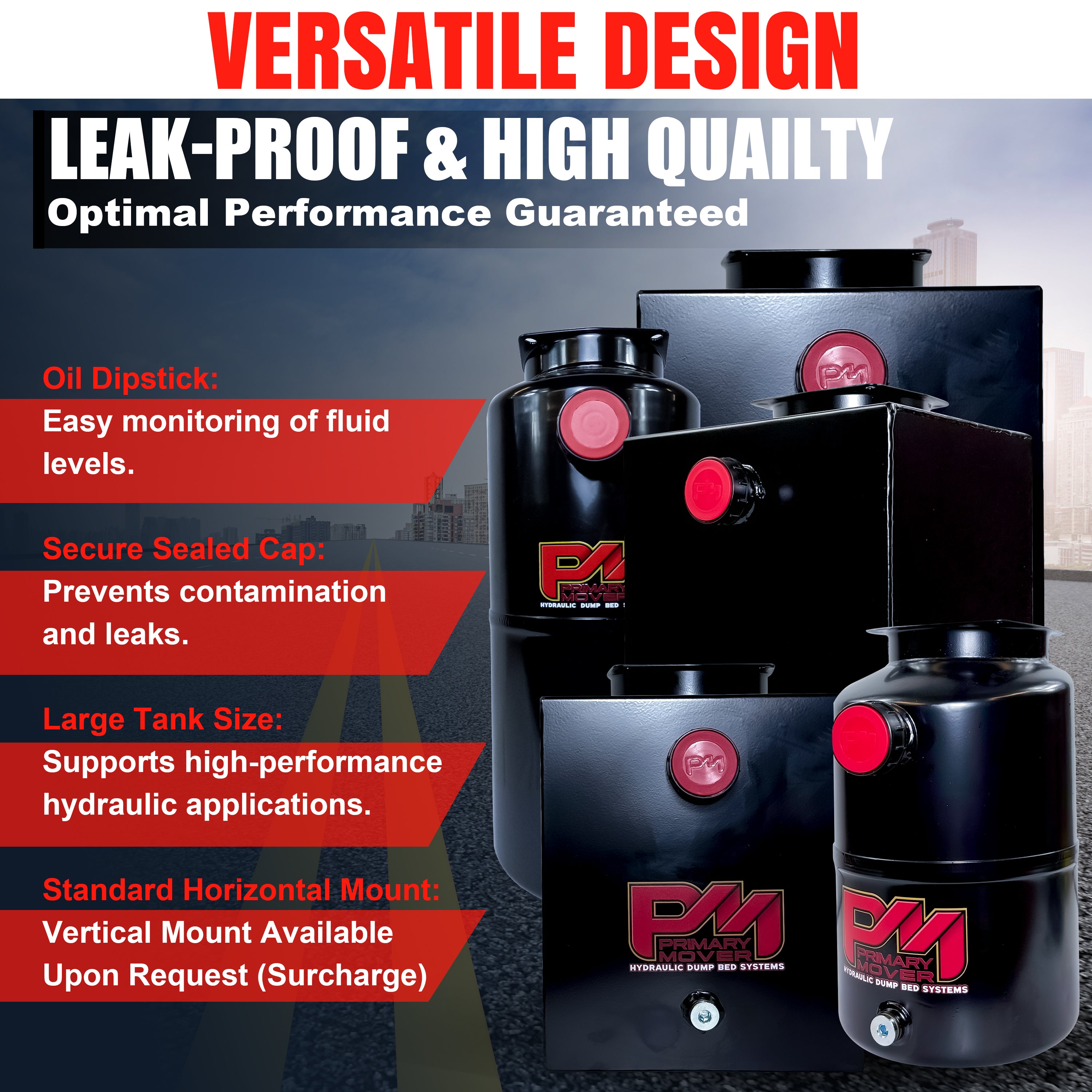 Hydraulic Power Unit Replacement Reservoir 40 Quart (10 Gallon) Steel, featuring durable black containers with red caps, suitable for various hydraulic systems.