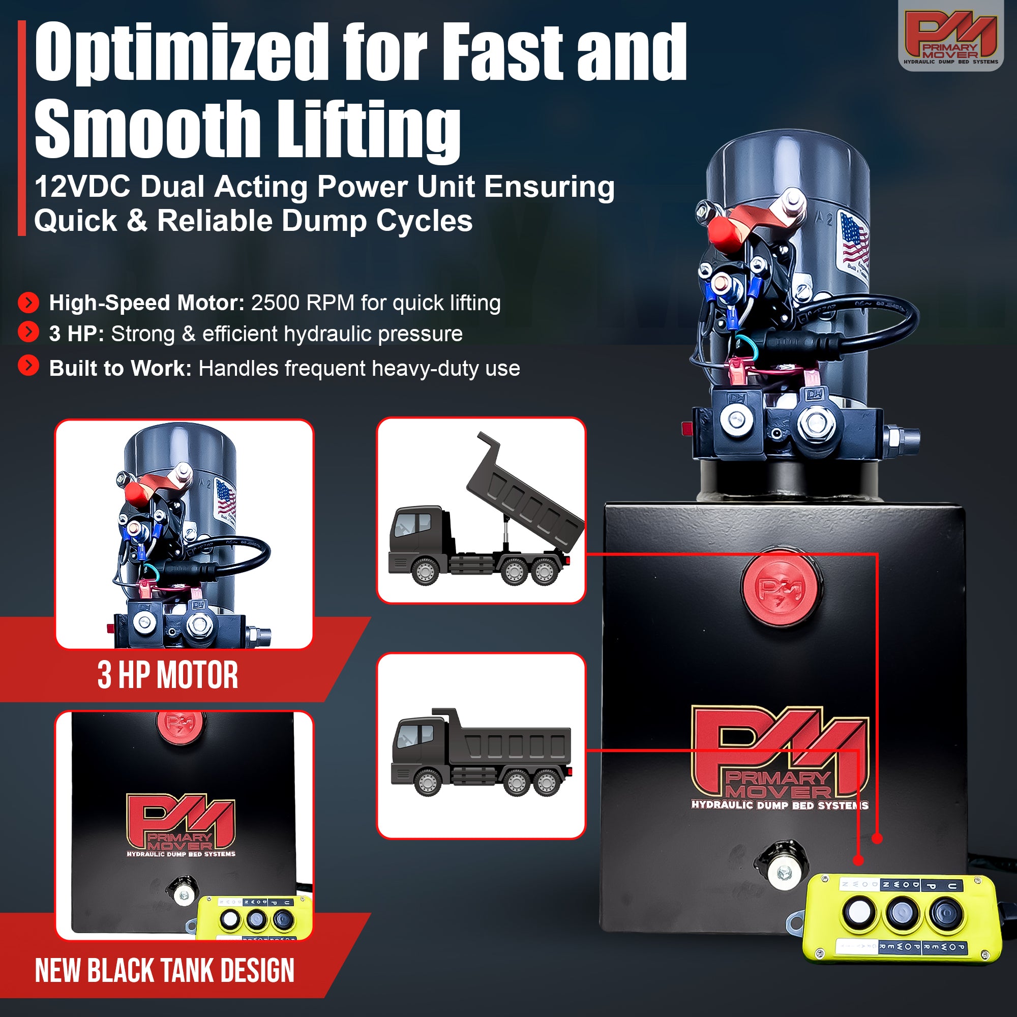 KTI 12V Double-Acting Hydraulic Pump with Steel Reservoir, ideal for dump bed systems, shown close-up highlighting its durable, compact design and dual-action functionality.